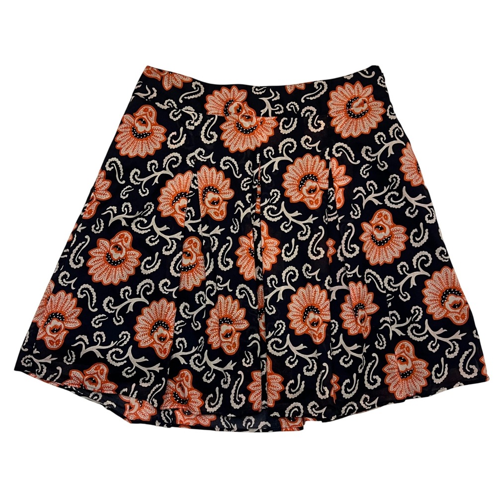 Talbots Petites Navy Orange Color Pop Floral 100% Cotton Pleated Skirt Size‎ 10P